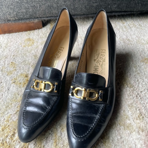 Vintage Salvatore Ferragamo Black Leather Heeled Loafers - Picture 1 of 7